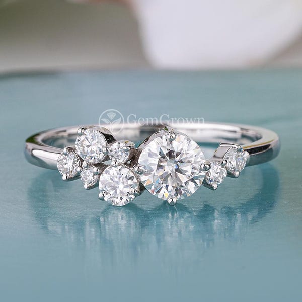 Moissanite Cluster Engagement Ring, Minimalist Asymmetrical Design