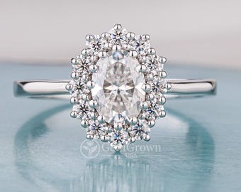 Oval Moissanite Halo Engagement Ring, White Gold Promise Ring