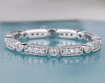 Moissanite Eternity Band, Vintage Art Deco Milgrain Ring, Stackable Wedding Band