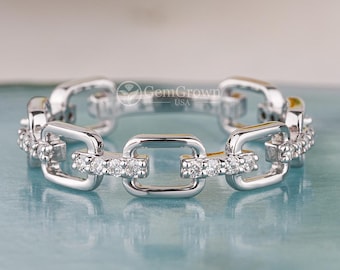 Moissanite Chain Link Wedding Band, Sterling Silver Stackable Ring