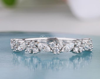 Marquise And Round Half Eternity Cluster Moissanite Wedding Band Unique Multi Stones Stackable Rings