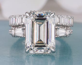 Art Deco Emerald Cut Moissanite Engagement Ring Set, 925 Silver