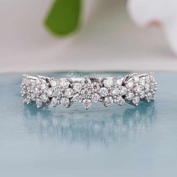 Moissanite Flower Cluster Wedding Band, Nature Inspired Anniversary Ring