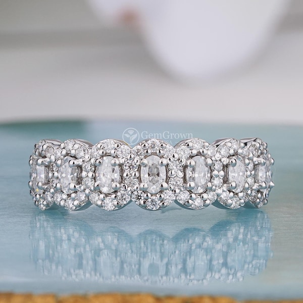 Moissanite 7 Stone Oval Halo Ring, Art Deco Wedding Band