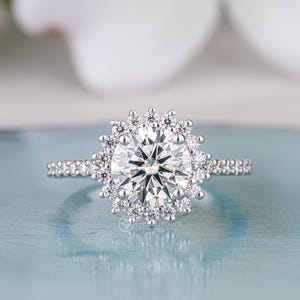 Art Deco Style Round Cut Moissanite Halo Engagement Ring For Women Vintage Inspired Unique 2ct Moissanite Ring