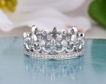 Anello a forma di corona da principessa in argento sterling 925 placcato in oro bianco con diamanti. - Italia