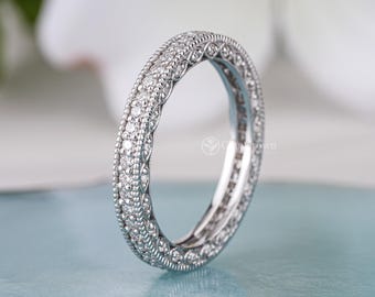 Antique Filigree Wedding Band Women Art Deco Vintage 3 Sided Full Eternity Band Milgrain Vintage Matching Band