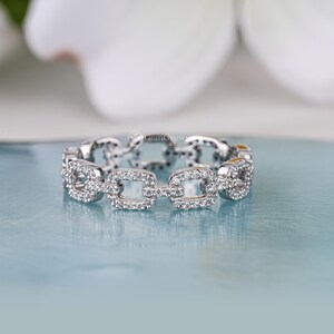 Moissanite Link Chain Full Eternity Ring White Gold Interlink Pave Band Unique Minimalist Stacking Ring