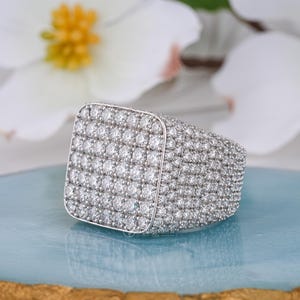Mens Signet Hip hop Iced Out Moissanite Statement Ring in 925 Sterling Silver