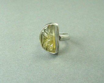 Carved Citrine and Sterling Vintage Ring Size 7 / Half Moon Ring / Sterling Silver and Natural Stones