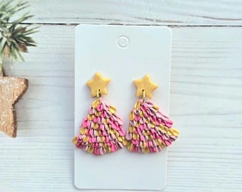 Pink Christmas Tree Handmade Polymer Clay Earrings