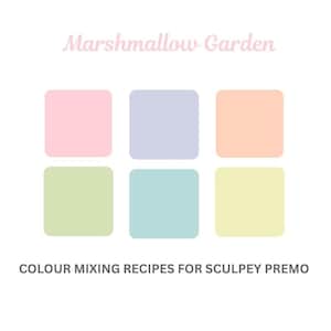 May include: A graphic with the text "Marshmallow Garden" in pink script. Six pastel-colored squares are arranged in two rows. The bottom of the graphic reads "COLOUR MIXING RECIPES FOR SCULPEY PREMO."