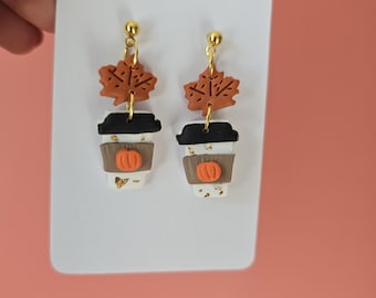 Coffee cup Pumpkin Spice Latte Earrings: Cozy Fall Clay Dangles, Autumn earrings, cup earrings