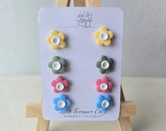 Pastel Flower Stud Earrings Set: Handmade Polymer Clay