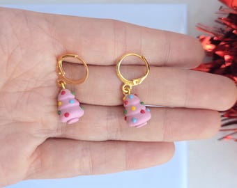 Pink Christmas Tree Earrings: Handmade Polymer Clay Holiday Jewelry