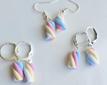 Pastel Marshmallow Twist Clay Earrings, Cute Candy Dangle Earrings, Soft Pastel Kawaii Sweet Jewelry, Festival Novelty Gift UK