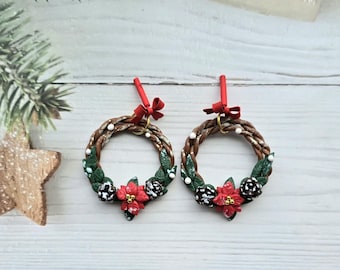 Christmas Wreath Earrings – Festive Polymer Clay Earrings with Poinsettia