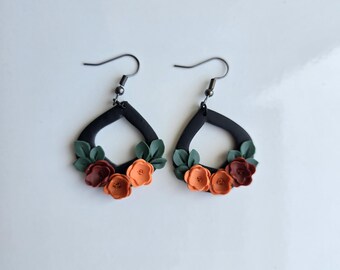 Autumn Floral Teardrop Earrings, Terracotta Clay Dangles, Black Arch Botanical Earrings, Fall Flower Jewelry UK, Hand Sculpted Floral Gift