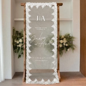 Personalized Lace Wedding Welcome Sign, Custom Wedding Banner, Sheer Welcome Sign, Garden Wedding Sign,  Transparent Lace Welcome Flag