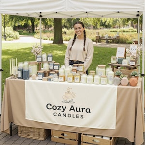 May include: A display of various candles in glass jars and containers, arranged on a table with a beige tablecloth. The table features a banner with the text "Cozy Aura Candles" and a logo. The candles are in different sizes and colors, with some on wooden risers.