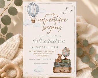 May include: A rectangular baby shower invitation card featuring a watercolor hot air balloon, clouds, birds, a teddy bear, a globe, and stacked vintage suitcases. The text reads: A new adventure begins, join us for a baby shower celebrating Callie Jackson.