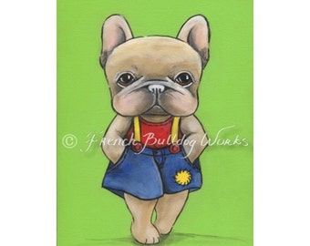 Original French Bulldog in Overalls Little Frenchie Boy Painting