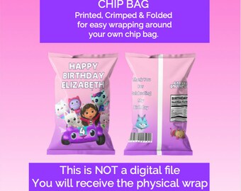Printed - Gabby Dollhouse  Chip Bag Wrap - I print and ship to you. Crimped and folded for a finished look.