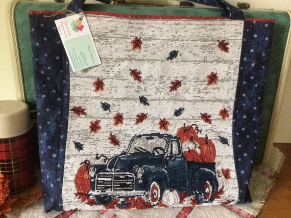 Fall Pumpkin Tote Bag, Blue Truck Fall Purse, Pumpkins and Leaves Fall Market Bag, Farm Truck Tote Bag