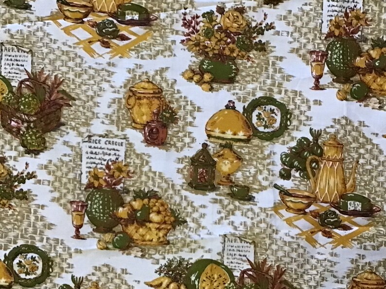 Vintage Fabric by the Yard, Cotton Percal Fabric, Vintage Gold Kitchen Fabric by the Yard, Kitchen Kitschy Fabric, Avocado Green Fabric image 4