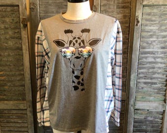 Upcycled Giraffe Flannel Tshirt Woman XL/2XL, Tropical Giraffe Recycled Tshirt, Oversized Flannel T- Shirt, Woman Clothing,
