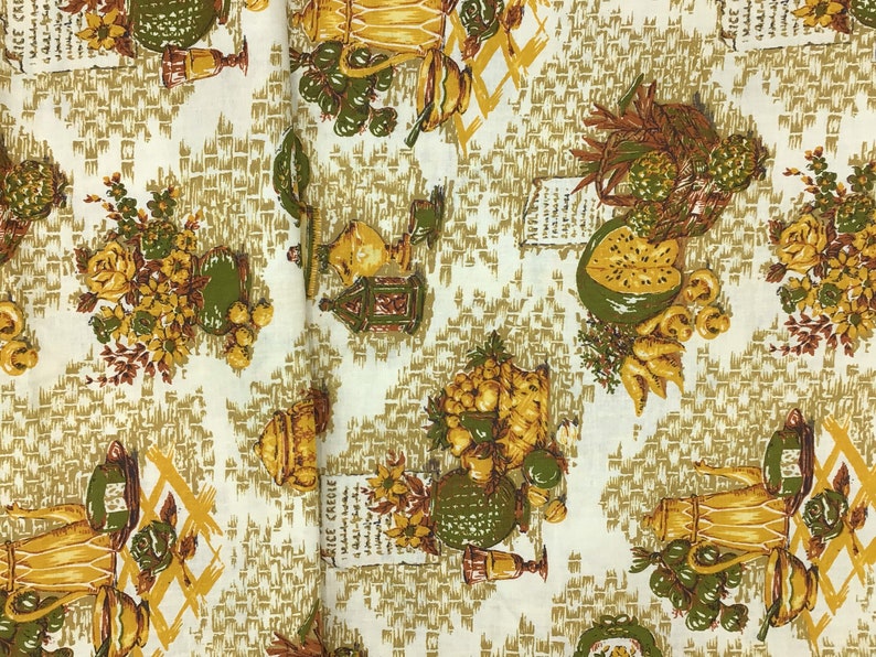 Vintage Fabric by the Yard, Cotton Percal Fabric, Vintage Gold Kitchen Fabric by the Yard, Kitchen Kitschy Fabric, Avocado Green Fabric image 2