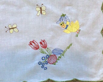 Embroidered Vintage Easter Tablecloth, Square Spring 32” Tablecloth, Machine Embroidered Chicks Tablecloth, Butterfly Tablecloth