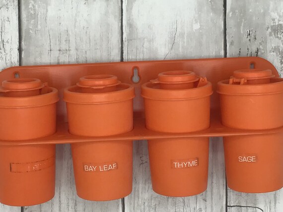 Vintage Tupperware Spice Containers With Hanging Rack Orange Tupperware Herb Containers Retro Kitchen Decor Etsy
