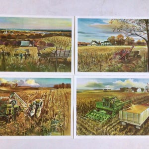 May include: A set of four rectangular postcards featuring colorful illustrations of agricultural scenes. The images depict various farming activities, including harvesting crops with tractors, combines, and horse-drawn wagons in fields.