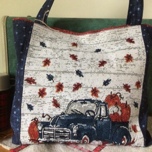Fall Pumpkin Tote Bag, Blue Truck Fall Purse, Pumpkins and Leaves Fall Market Bag, Farm Truck Tote Bag immagine 5