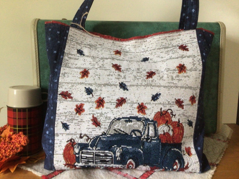 Fall Pumpkin Tote Bag, Blue Truck Fall Purse, Pumpkins and Leaves Fall Market Bag, Farm Truck Tote Bag immagine 5
