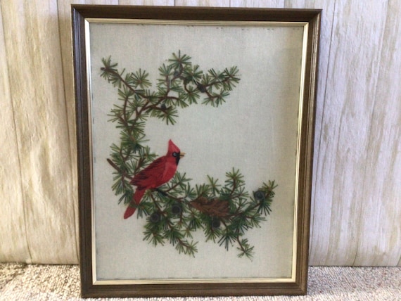 Vintage Crewel Cardinal Picture Framed, Completed 1976 Sunset Designs Crewel Cardinal in Pines, Vintage Wall Decor, Crewel Collector