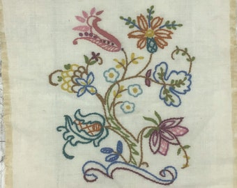 Vintage Crewel Flowers, Crewel Pillow Top, Unframed Jacobean Flower Picture, Vintage Crewel Embroidery, Vintage Needlework