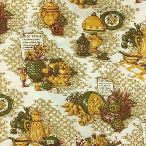 Vintage Fabric by the Yard, Cotton Percal Fabric, Vintage Gold Kitchen Fabric by the Yard, Kitchen Kitschy Fabric, Avocado Green Fabric image 1