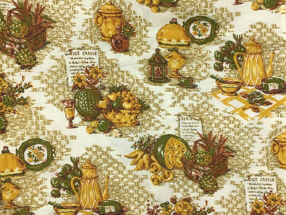 Vintage Fabric by the Yard, Cotton Percal Fabric, Vintage Gold Kitchen Fabric by the Yard, Kitchen Kitschy Fabric, Avocado Green Fabric