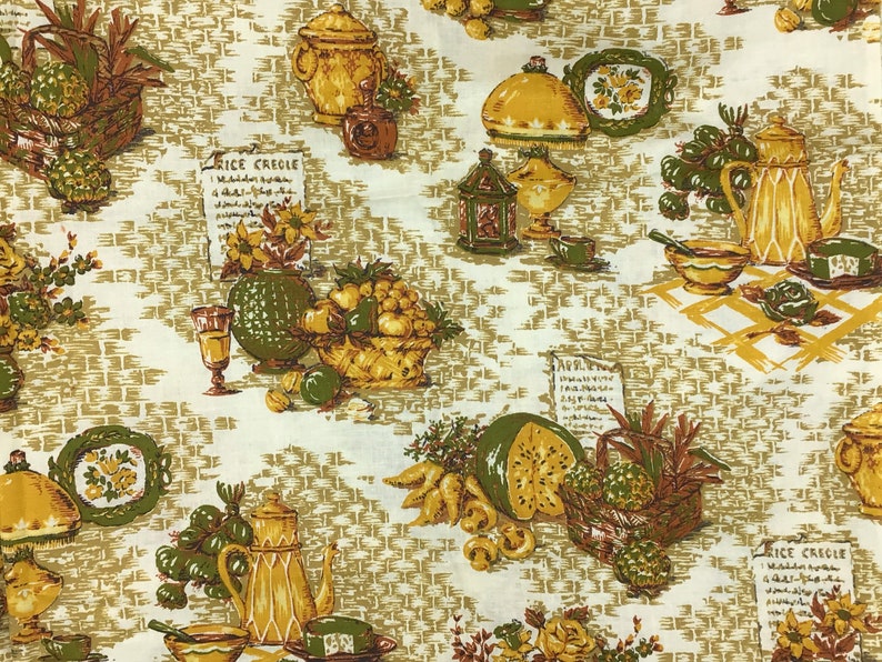 Vintage Fabric by the Yard, Cotton Percal Fabric, Vintage Gold Kitchen Fabric by the Yard, Kitchen Kitschy Fabric, Avocado Green Fabric image 1