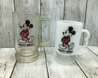 Vintage Mickey Mouse Mugs Set of 2, Disney Mugs, Mickey Mouse Milk Glass Mug, Mickey Mouse Clear Beer Pop Mug