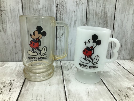 Vintage Mickey Mouse Mugs Set of 2, Disney Mugs, Mickey Mouse Milk Glass Mug,  Mickey Mouse Clear Beer Pop Mug 