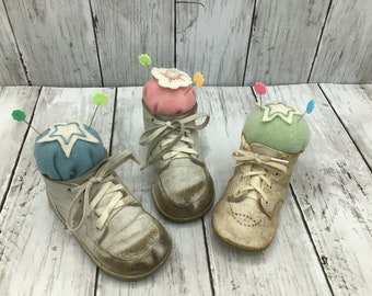 Baby Shoe Pincushion Choice, Vintage Baby Shoe, Wool Pincushion, Nursery Decor, Baby Gift, Upcycled Baby Shoe