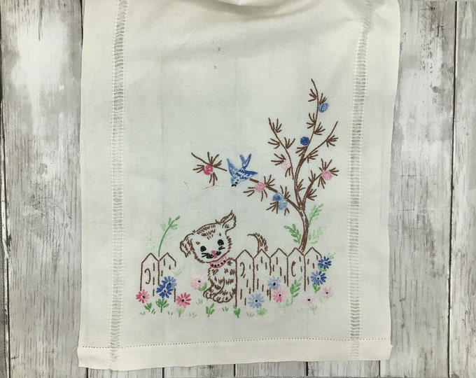 Vintage Embroidered Dog Dresser Scarf, Dog Hand Embroidery Table Runner