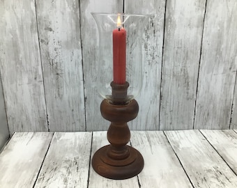 Vintage Wood Hurricane Candleholder, Wood Hurricane Lamp, Candleholder with Glass Hurricane Lamp, Vintage Decor