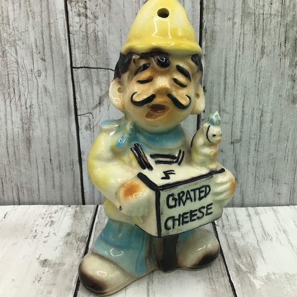 Vintage Grated Cheese Shaker, Ceramic Man with Monkey Cheese Shaker, Vintage Organ Grinder Grated Cheese, Kitschy Kitchen Decor