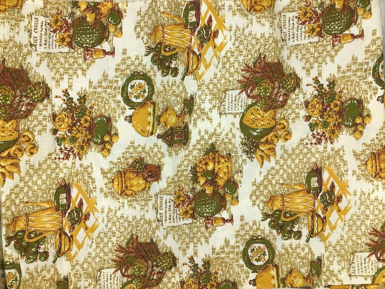 Vintage Fabric by the Yard, Cotton Percal Fabric, Vintage Gold Kitchen Fabric by the Yard, Kitchen Kitschy Fabric, Avocado Green Fabric image 3