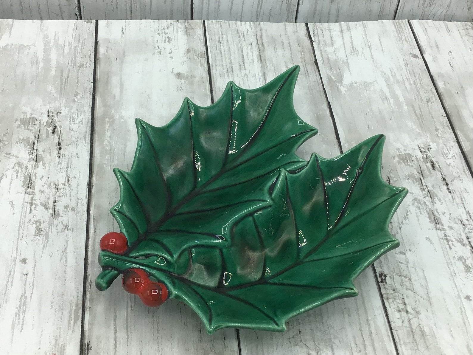 Vintage Holly Berry Candy Dish, Atlantic Mold Holly Dish, Holly Leaf