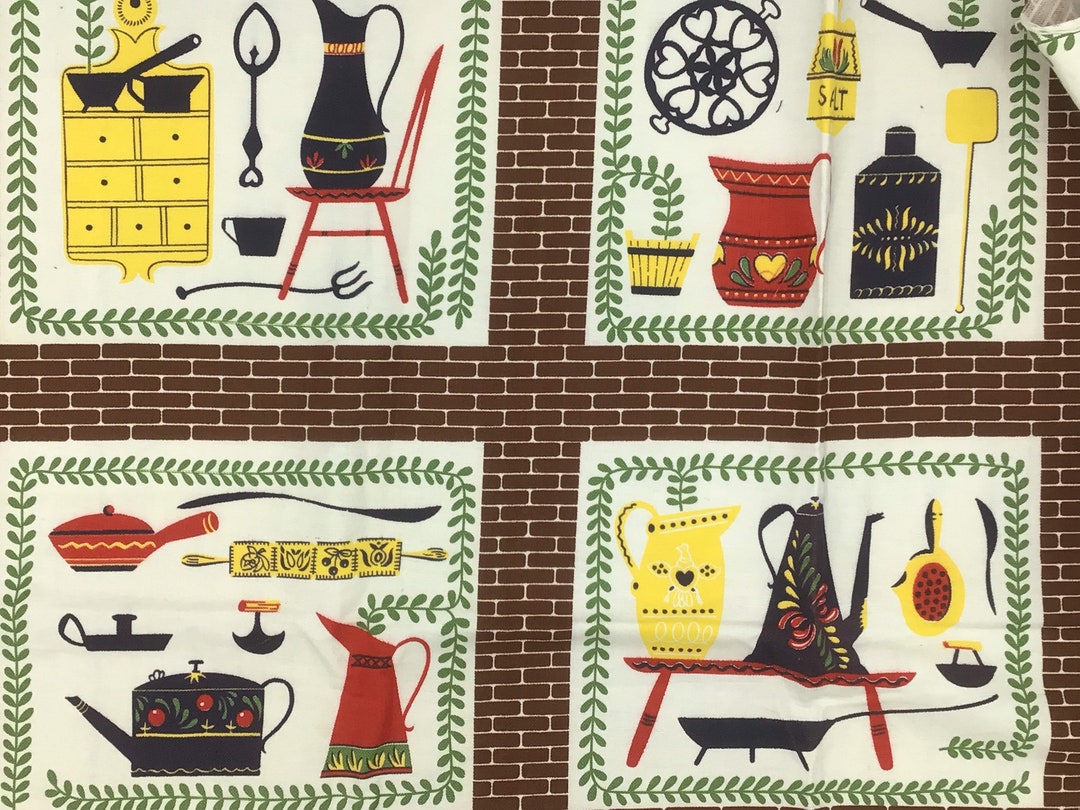 Vintage Kitchen Fabric, Kitchenware Vintage Fabric 3 Pieces, Vintage
